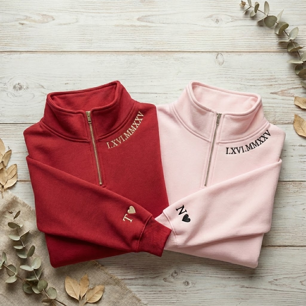 Custom Roman Numeral Zip 1/4, Couple Quarter Zip Initial On Sleeve, Anniversary Year, Personalized Date Shirt, Valentine's Day Sweatshirt