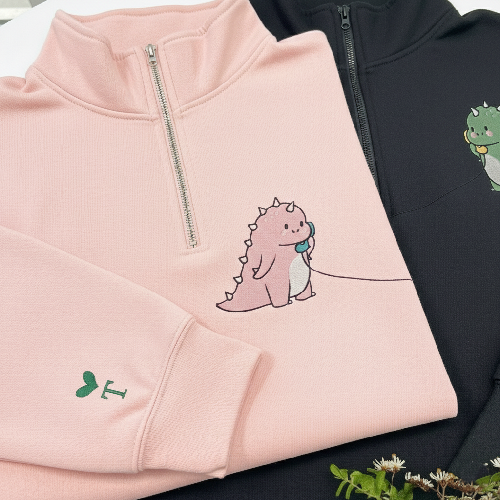Custom Couple Dinosaur Embroidered Sweatshirt, Kawaii Dino Love Valentine Sweater, Matching Couple Sweatshirts, Anniversary Gift
