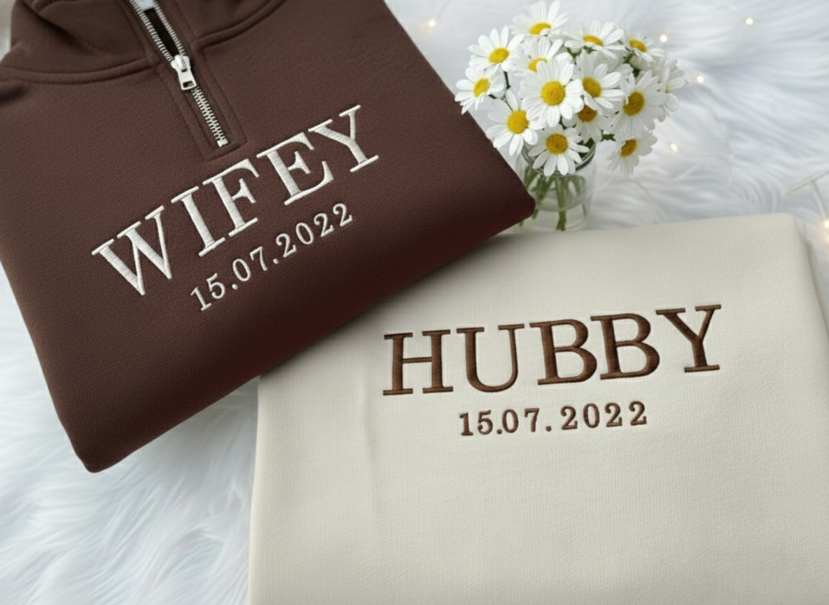 Embroidered Wifey and Hubby Quarter Zip Sweatshirt, Valentine Custom Name Shirt, Matching Mr Mrs Jumper, Wedding Anniversary Gift