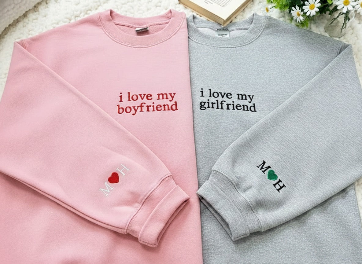 Personalized I love my boyfriend girlfriend Shirt, Custom Embroidered Couple Matching Hoodie, Valentines Day Anniversary Gift for Her Him