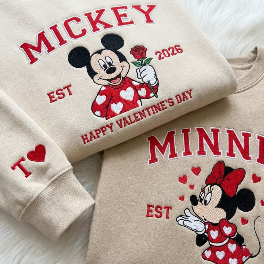Custom Cartoon Mouse Couple Embroidered Sweatshirt, Retro Cartoon Valentine Embroidered Crewneck, Cozy Valentine Gift