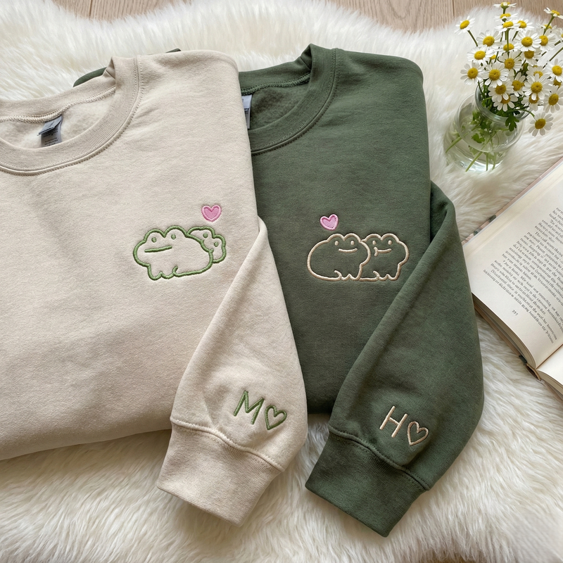Custom Frog Couple Embroidered Hoodie with Roman Date & Initials - Matching Hoodies For Couple - 1st Anniversary Gift for Couples