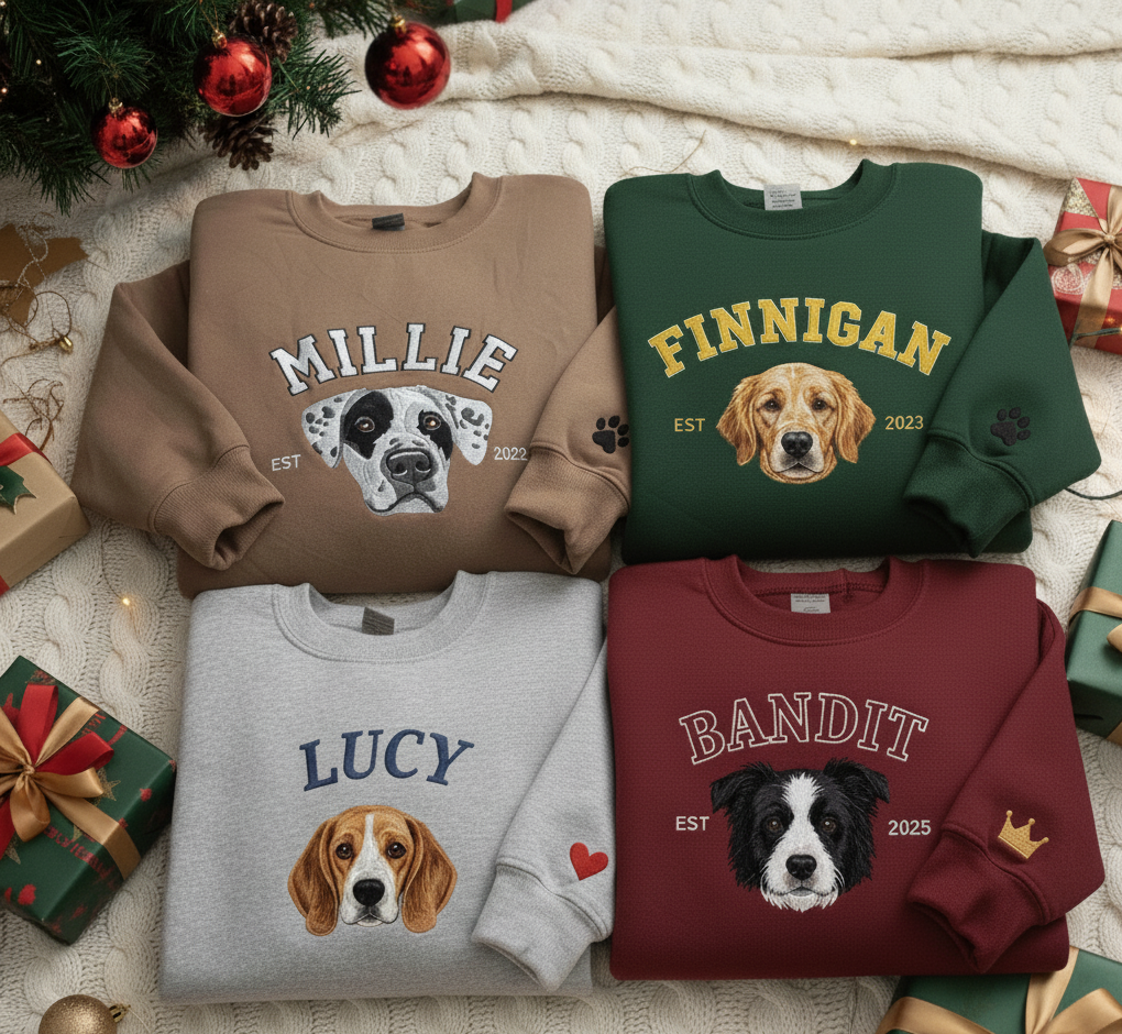 Personalized Pet Face Sweatshirt from Your Photo, Embroidered Custom Pet Name Crewneck, Varsity Dog Cat Sweatshirt, Gifts for Dog Lover
