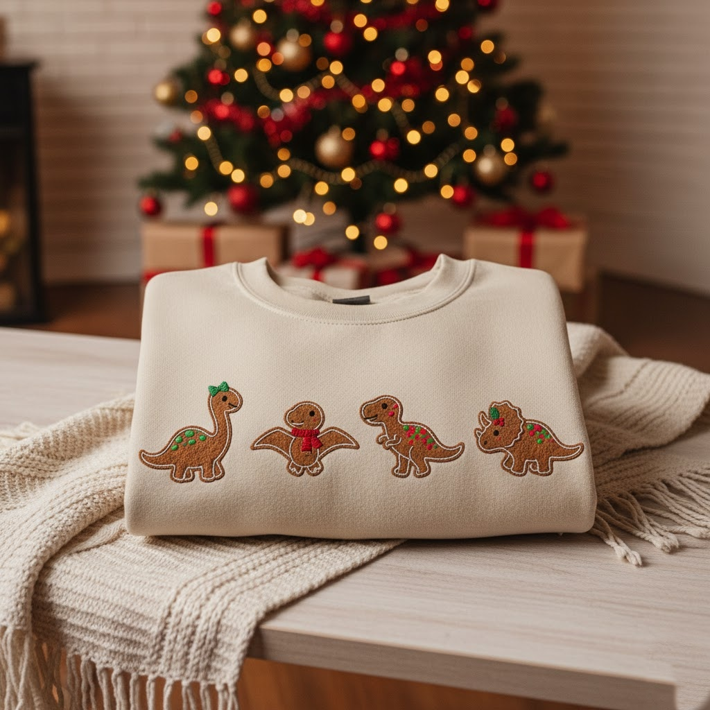 Christmas Dinosaur Embroidered Sweatshirt, Cute Gingerbread Dino Crewneck, Gingerbread Cute Dino Embroidered Hoodie, Holiday Embroidery Gift for Kids & Adults