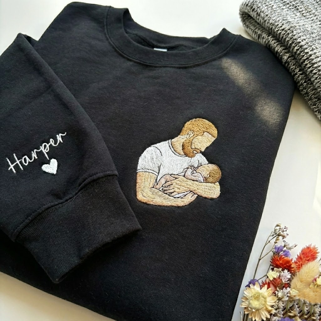 Gift for Dad, Gift for Him, Personalized Crewneck, Custom Embroidered Portrait from Photo Sweatshirt, Custom Embroidered Hoodie