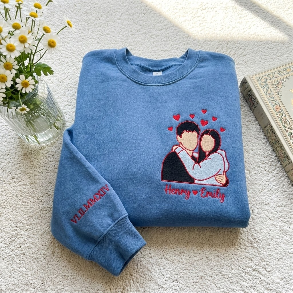 Custom Couple Portrait Embroidered Shirt, Custom Your Pic Embroidered Shirt, Memorial Moment Picture Custom Shirt, Anniversary Gift, Valentine Gift