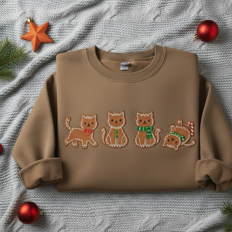 Gingerbread Cat Embroidered Sweatshirt, Christmas Cat Lover Crewneck, Christmas Embroidered Kitten Holiday Hoodie, Cat Mom Shirt, Cozy Holiday Cat Mom Sweater