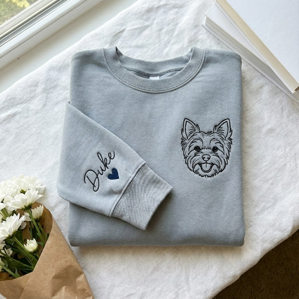 Outline Embroidered Pet Face & Name Sweatshirts, Custom Embroidered Pet Sweatshirts, Custom Dog Cat Embroidered Crewneck, Special Gift for Dog Mom, Dad Dog's Gift