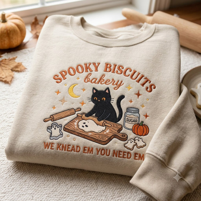 Embroidered Kitty Biscuits Sweatshirt, Spooky Season Crewneck, Black Cat Halloween Shirt, Baking Pumpkin Tee, Cat Lover Gift