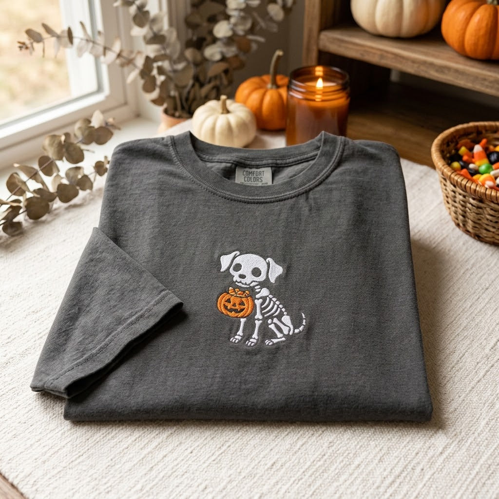 Comfort Color Embroidered Skeleton Dog Tee, Spooky Season Halloween Shirt, Cozy Fall Tee, Puppy Lover Gift, Boo Basket Gifts