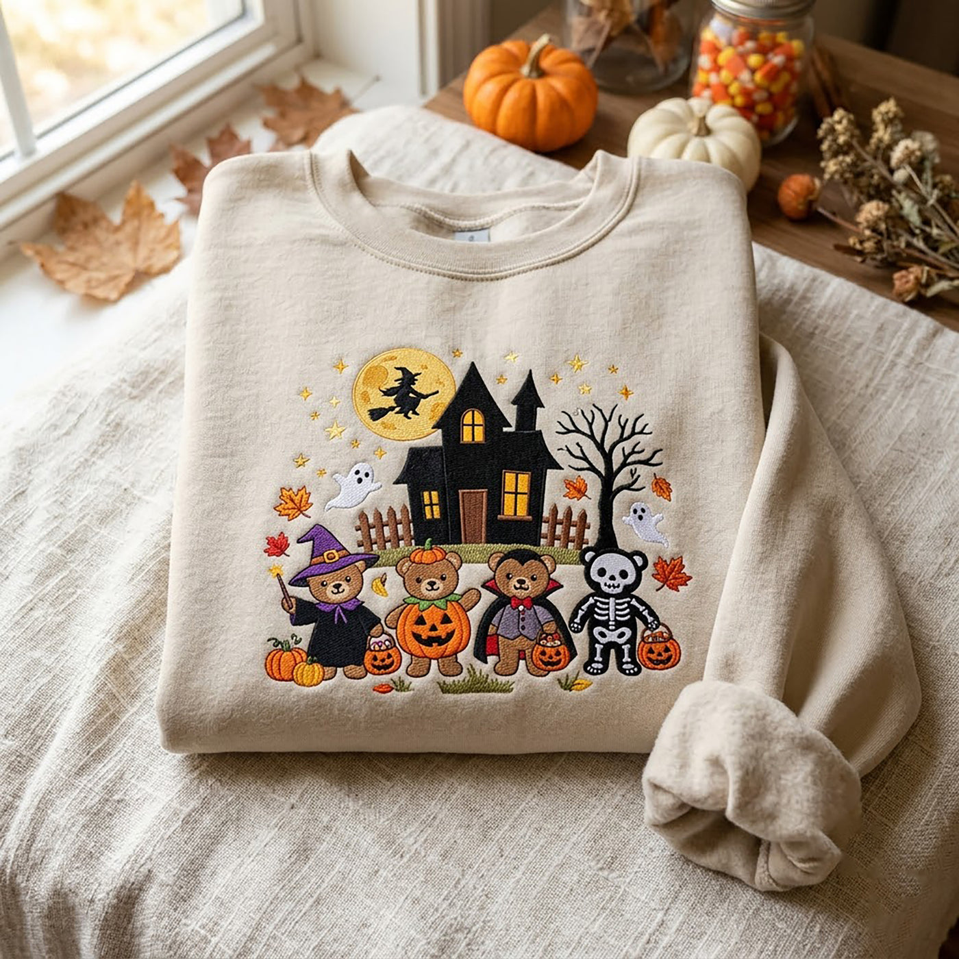 Comfort Color Embroidered Skeleton Dog Tee, Spooky Season Halloween Shirt, Cozy Fall Tee, Puppy Lover Gift, Boo Basket Gifts