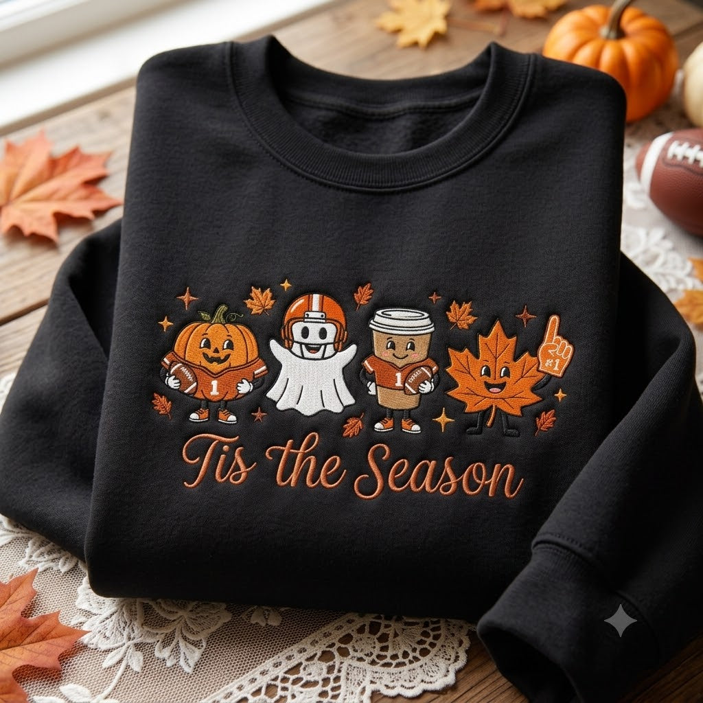 Embroidered Pumpkin Spice Latte Sweatshirt, Fall Doodle Character Crewneck, Autumn Leaves Shirt, Cozy Thanksgiving Gift, Tis The Season Tee