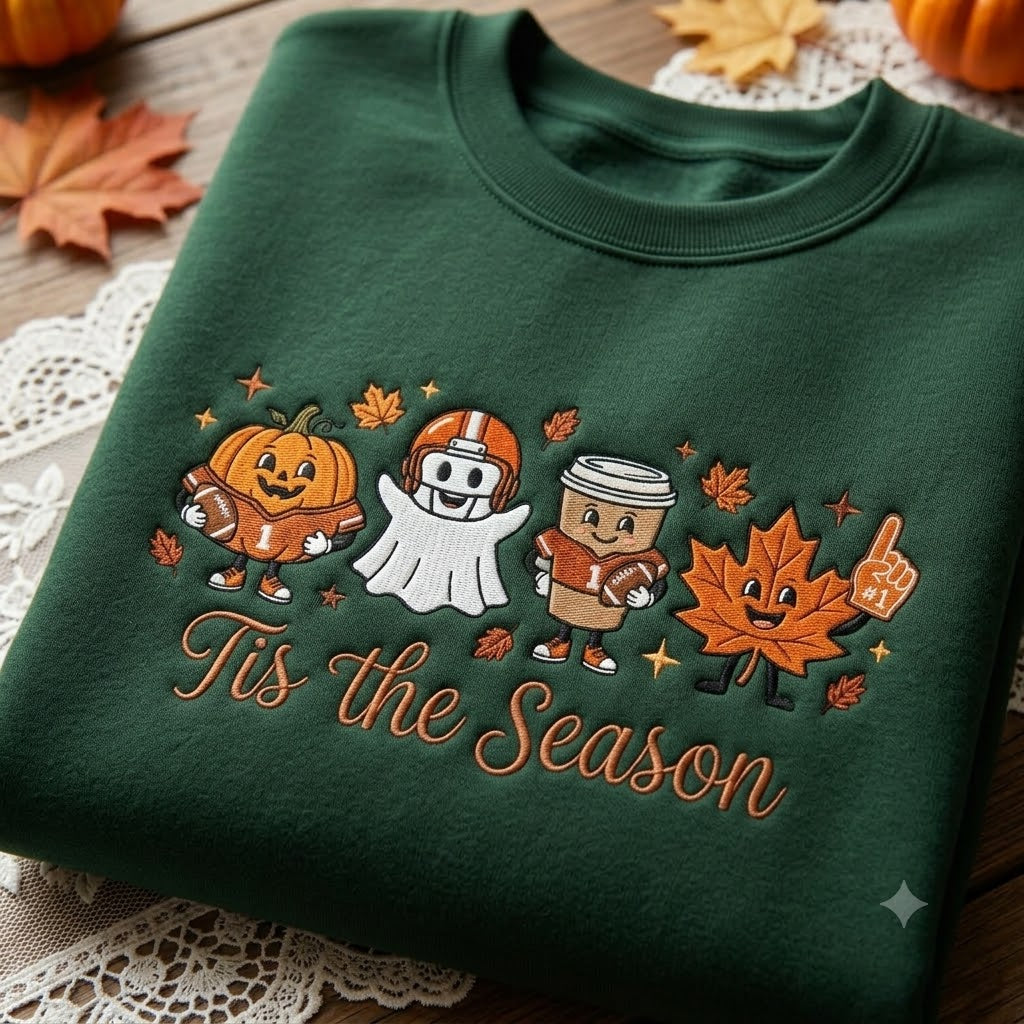 Embroidered Pumpkin Spice Latte Sweatshirt, Fall Doodle Character Crewneck, Autumn Leaves Shirt, Cozy Thanksgiving Gift, Tis The Season Tee