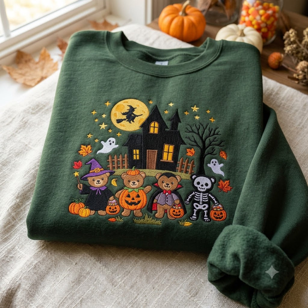 Embroidered Teddy Bears Halloween Sweatshirt, Vintage 90s Trick or Treat Crewneck, Haunted House Shirt, Pumpkin Lover Gift