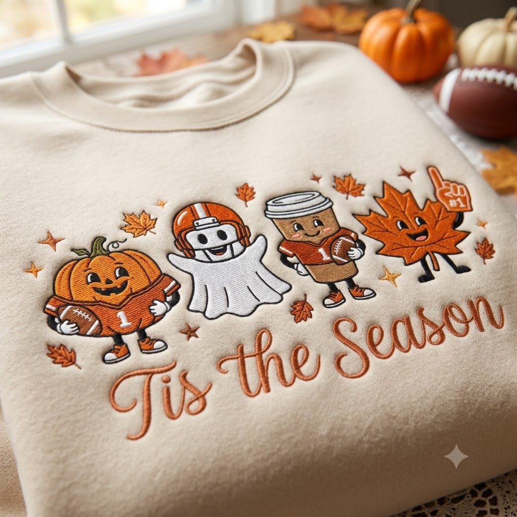 Embroidered Pumpkin Spice Latte Sweatshirt, Fall Doodle Character Crewneck, Autumn Leaves Shirt, Cozy Thanksgiving Gift, Tis The Season Tee