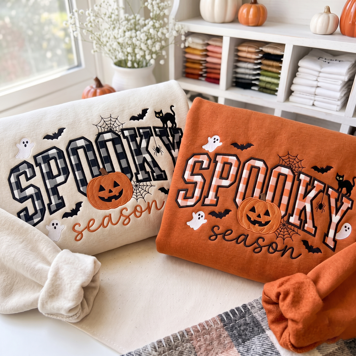 Spooky Season Embroidered Sweatshirt, Pumpkin Ghost Halloween Tee, Gingham Applique Crewneck, Fall Shirt, Cozy Season Gift, Halloween Gift