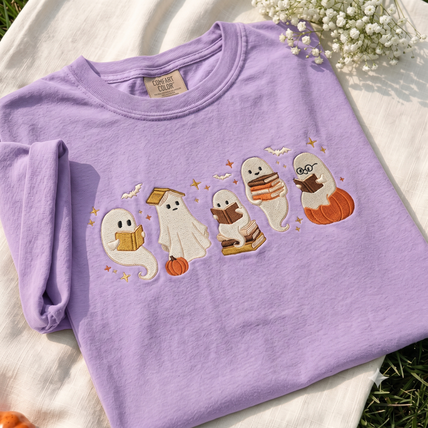 Ghost Reading Club Embroidered Comfort Colors Tee, Halloween Book Lover Shirt, Cute Spooky Library T Shirt, Teacher Librarian Fall Gift