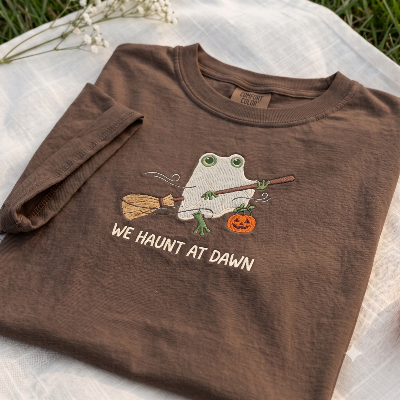 We Haunt at Dawn Frog Ghost Embroidered Comfort Colors Tee, Pumpkin Lantern Halloween Shirt, Cute Spooky Season Frog Lover Gift