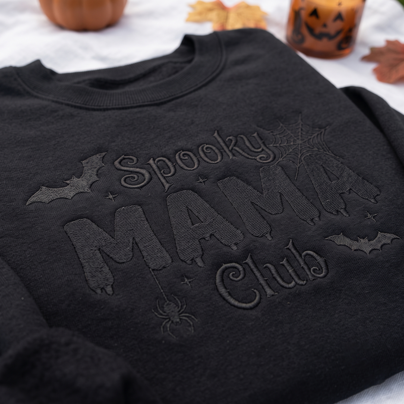 Embroidered Spooky Mama Club Sweatshirt, Halloween Mom Crewneck, Cute Bat and Spider Web Sweater, Trick or Treat Fall Gift
