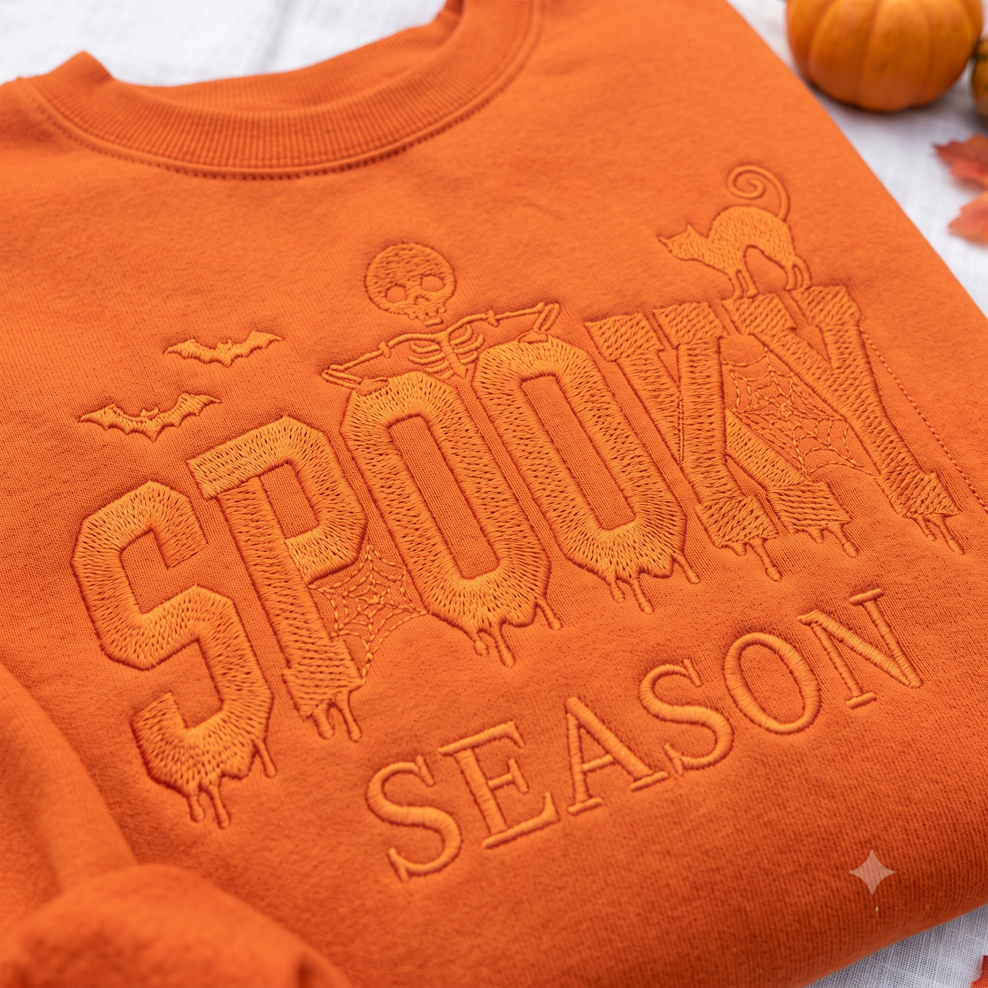 Tone on Tone Spooky Season Embroidered Sweatshirt, Black Halloween Crewneck, Skeleton Cat Bat Spider Web Gothic Fall Shirt