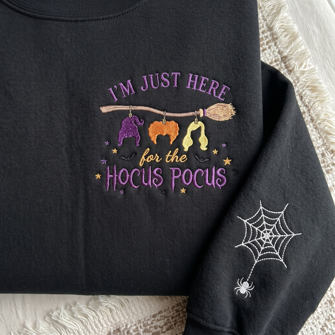 Witchy Halloween Embroidered Sweatshirt, I'm Just Here for the Magic Crewneck, Spooky Season Shirt, Halloween Witch Tee, Cozy Fall Gift