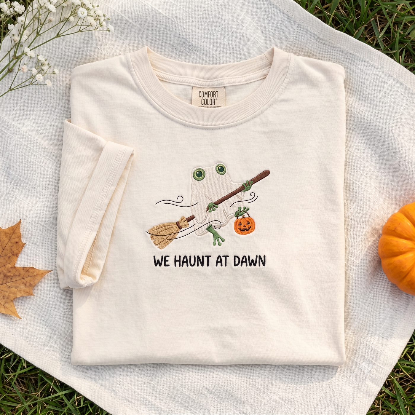 We Haunt at Dawn Frog Ghost Embroidered Comfort Colors Tee, Pumpkin Lantern Halloween Shirt, Cute Spooky Season Frog Lover Gift