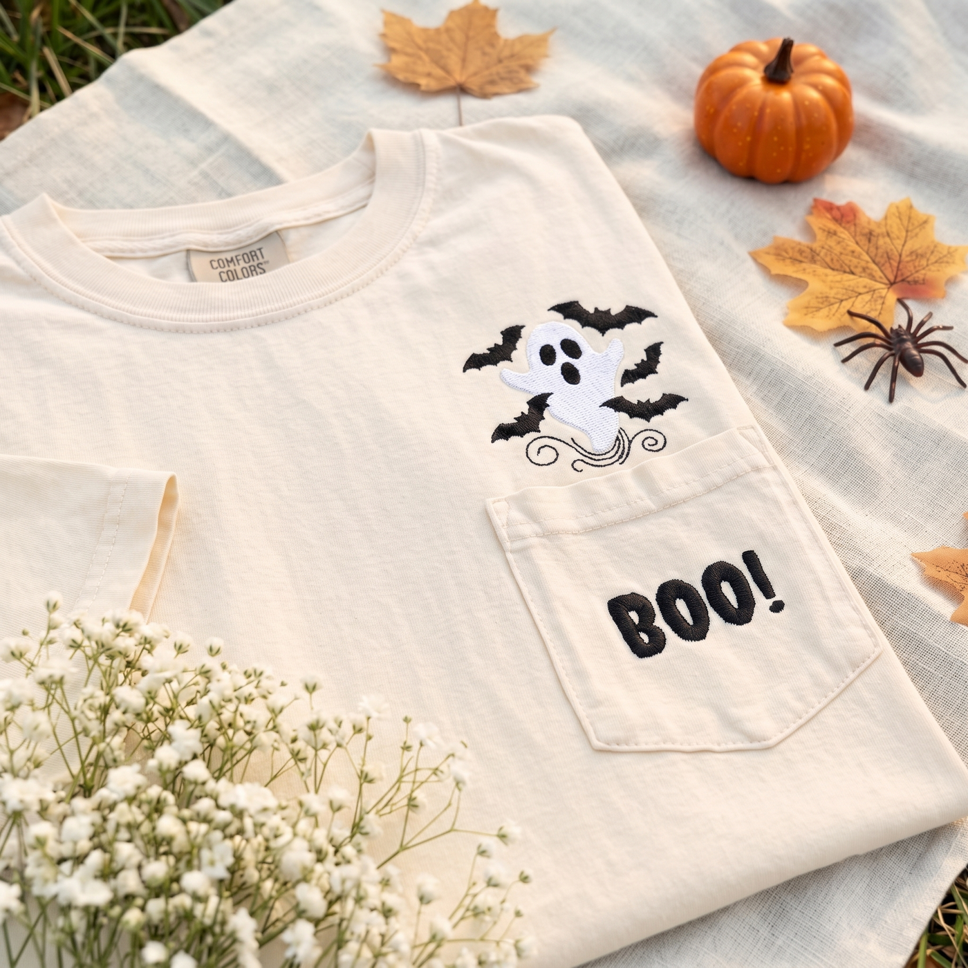 Boo Ghost and Bats Embroidered Comfort Colors Pocket Tee, Cute Halloween Shirt, Spooky Fall T Shirt, Ghost Lover Gift