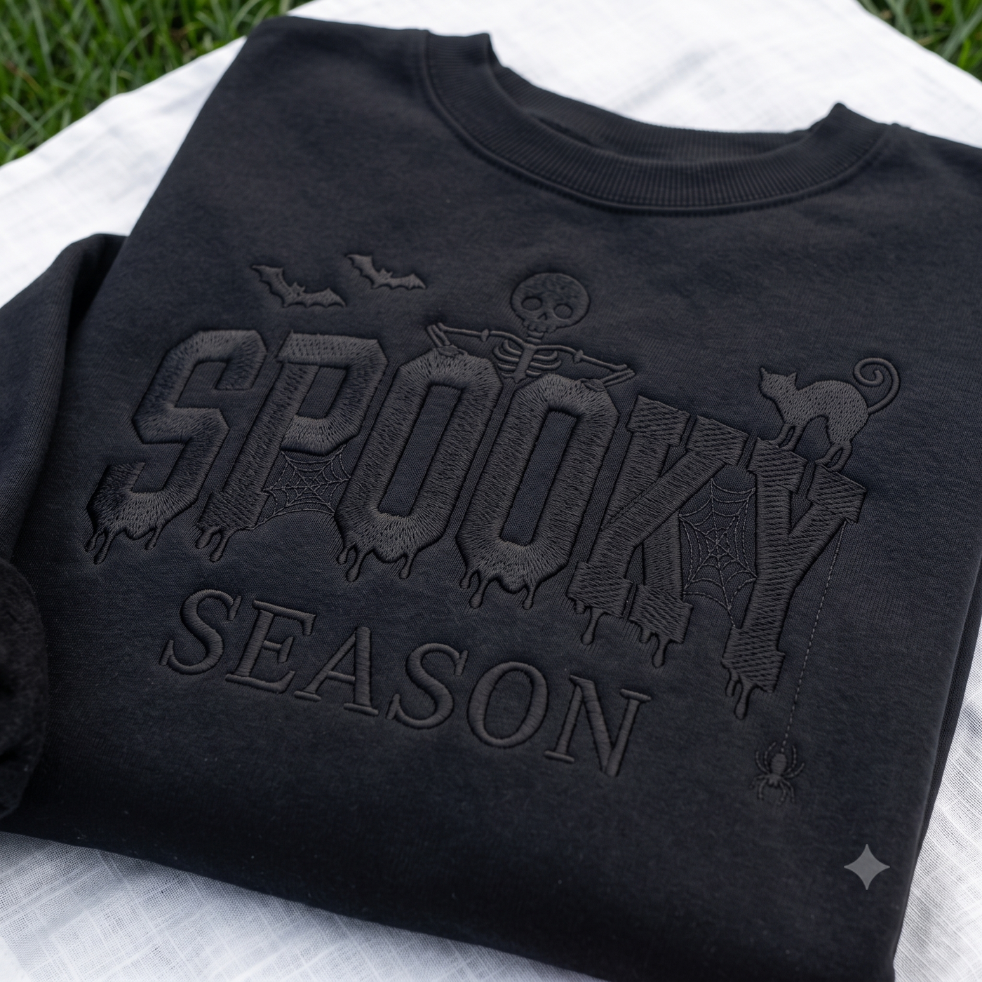 Tone on Tone Spooky Season Embroidered Sweatshirt, Black Halloween Crewneck, Skeleton Cat Bat Spider Web Gothic Fall Shirt