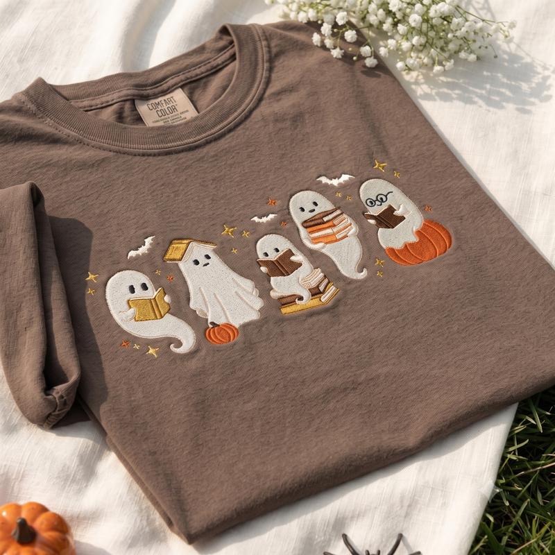 Ghost Reading Club Embroidered Comfort Colors Tee, Halloween Book Lover Shirt, Cute Spooky Library T Shirt, Teacher Librarian Fall Gift