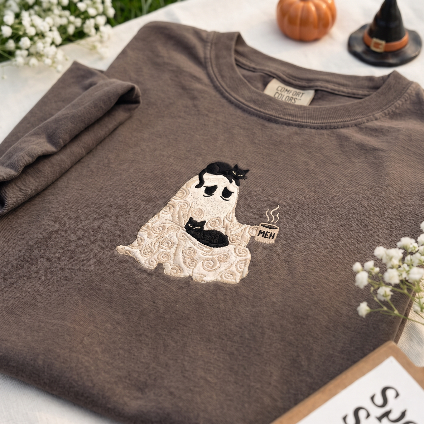 Embroidered Funny Ghost Comfort Color Tee, Introvert Halloween Shirt, Black Cat and Coffee Spooky Season T-Shirt, Lazy Costume Fall Top