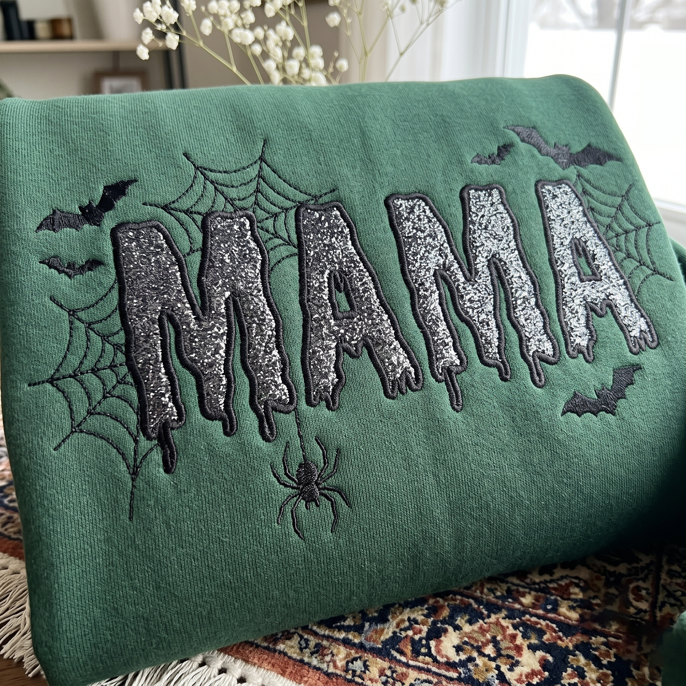 Mama Halloween Glitter Applique Sweatshirt, Halloween Mom Sweatshirt, Spooky Mama Embroidered Crewneck, Spider Web Bat Tee, Fall Mama Gift