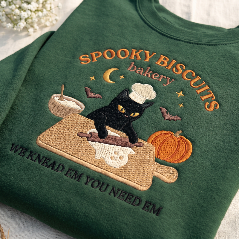 Embroidered Spooky Biscuits Sweatshirt, Funny Black Cat Baking Crewneck, Halloween Pumpkin Sweater, Cat Lover Fall Gift