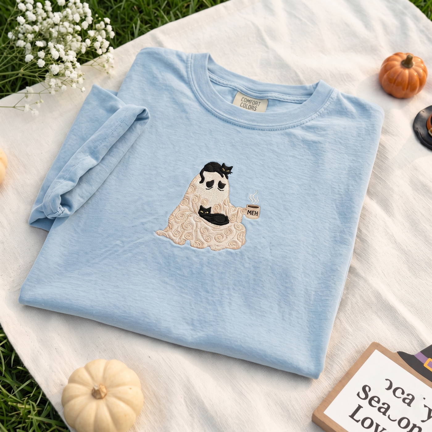 Embroidered Funny Ghost Comfort Color Tee, Introvert Halloween Shirt, Black Cat and Coffee Spooky Season T-Shirt, Lazy Costume Fall Top