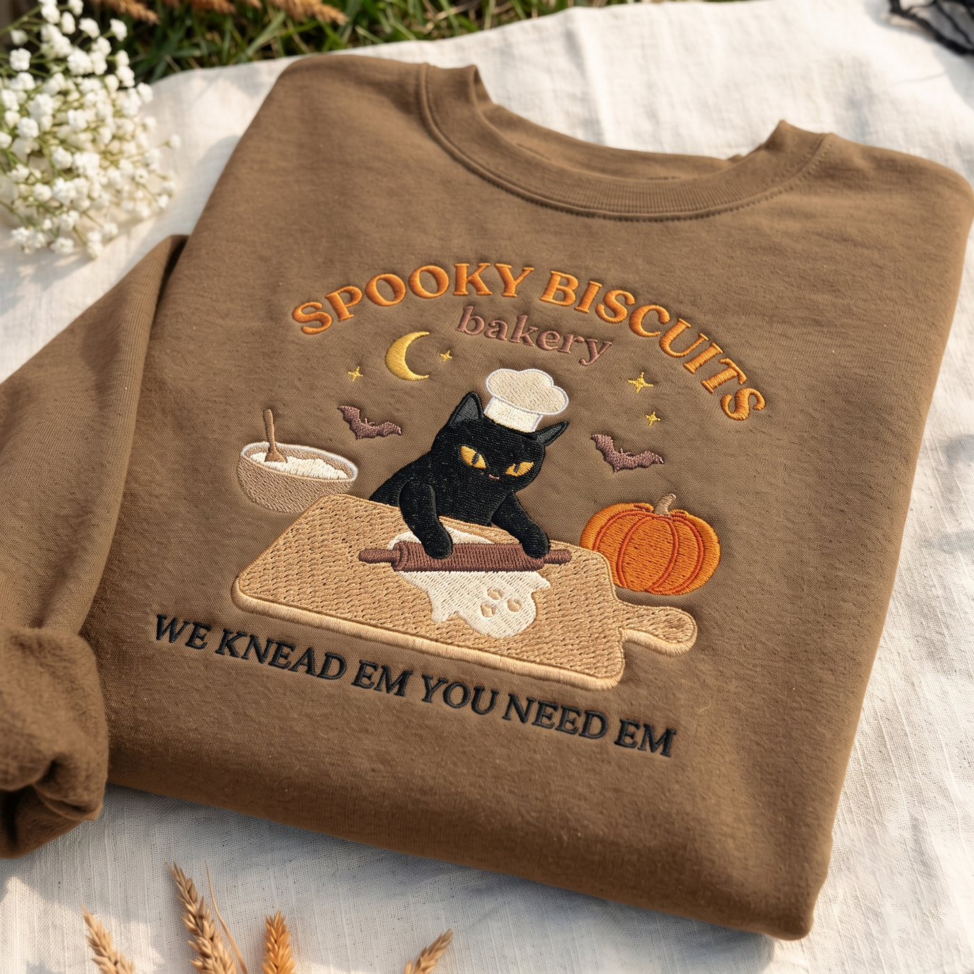 Embroidered Spooky Biscuits Sweatshirt, Funny Black Cat Baking Crewneck, Halloween Pumpkin Sweater, Cat Lover Fall Gift