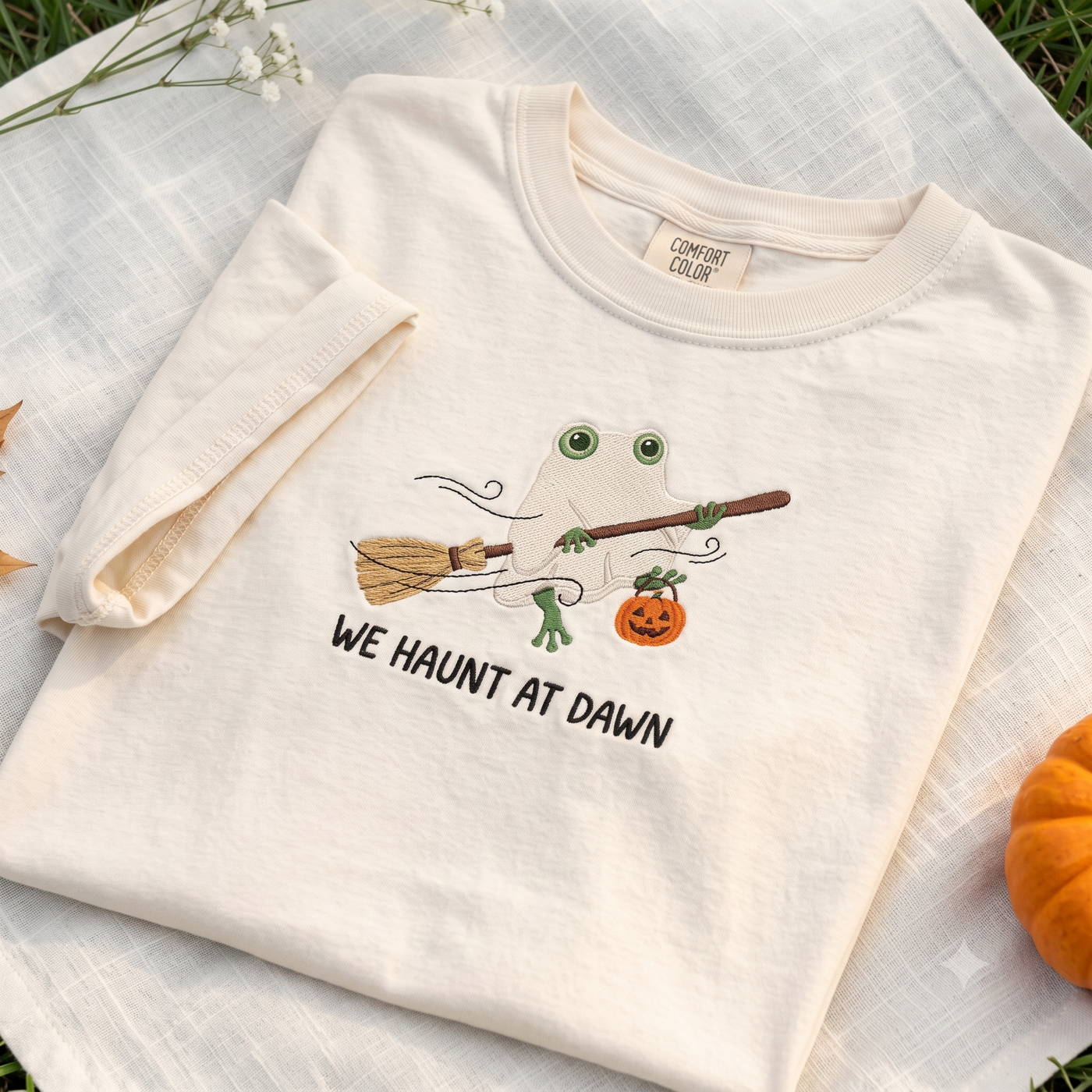 We Haunt at Dawn Frog Ghost Embroidered Comfort Colors Tee, Pumpkin Lantern Halloween Shirt, Cute Spooky Season Frog Lover Gift