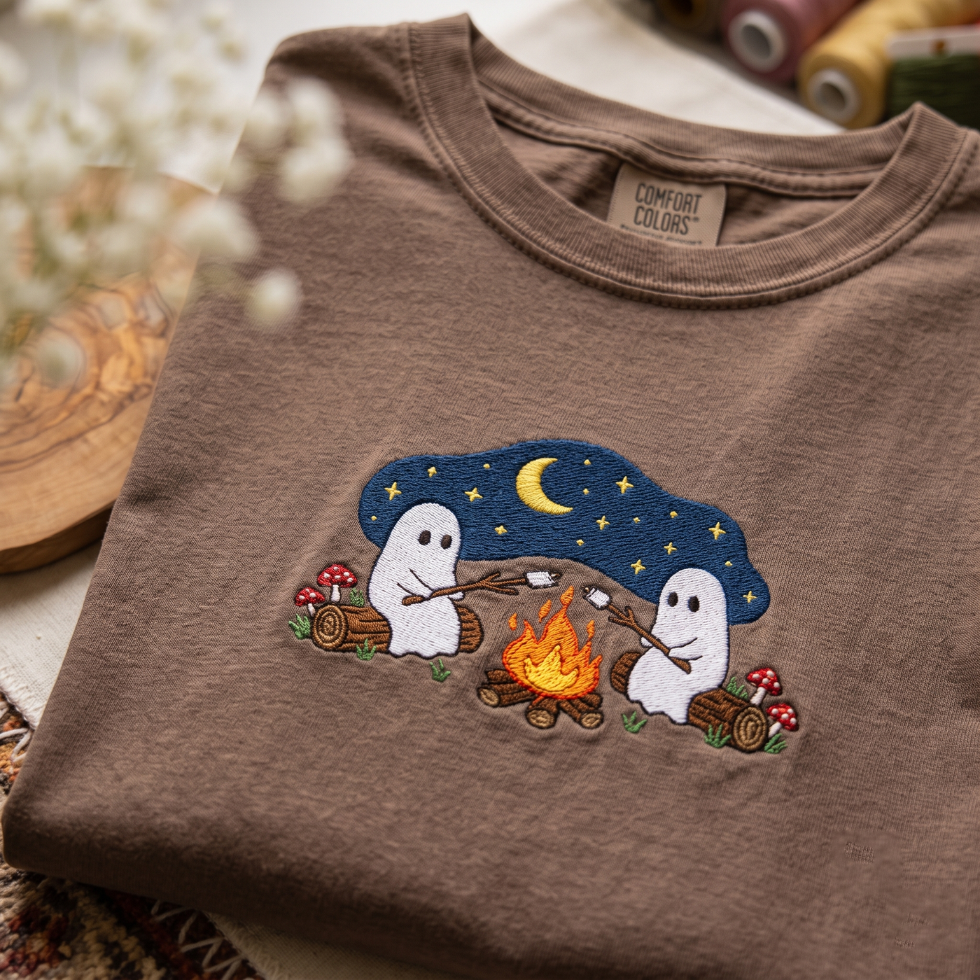 Cute Ghosts Campfire Embroidered Tee, Halloween Shirt, Halloween Ghost Tee, Spooky Season Outdoors Gifts, Autumn Camping Gift