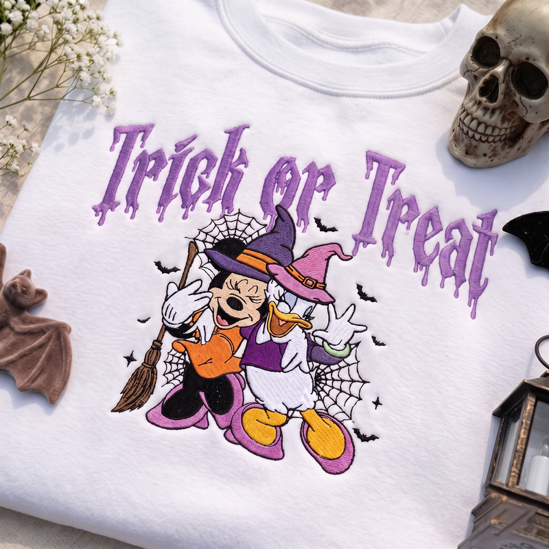 Embroidered Cartoon Witch Best Friends Sweatshirt, Trick or Treat Halloween Crewneck, Spooky Duo Sweater, Cute Fall Gift for Women