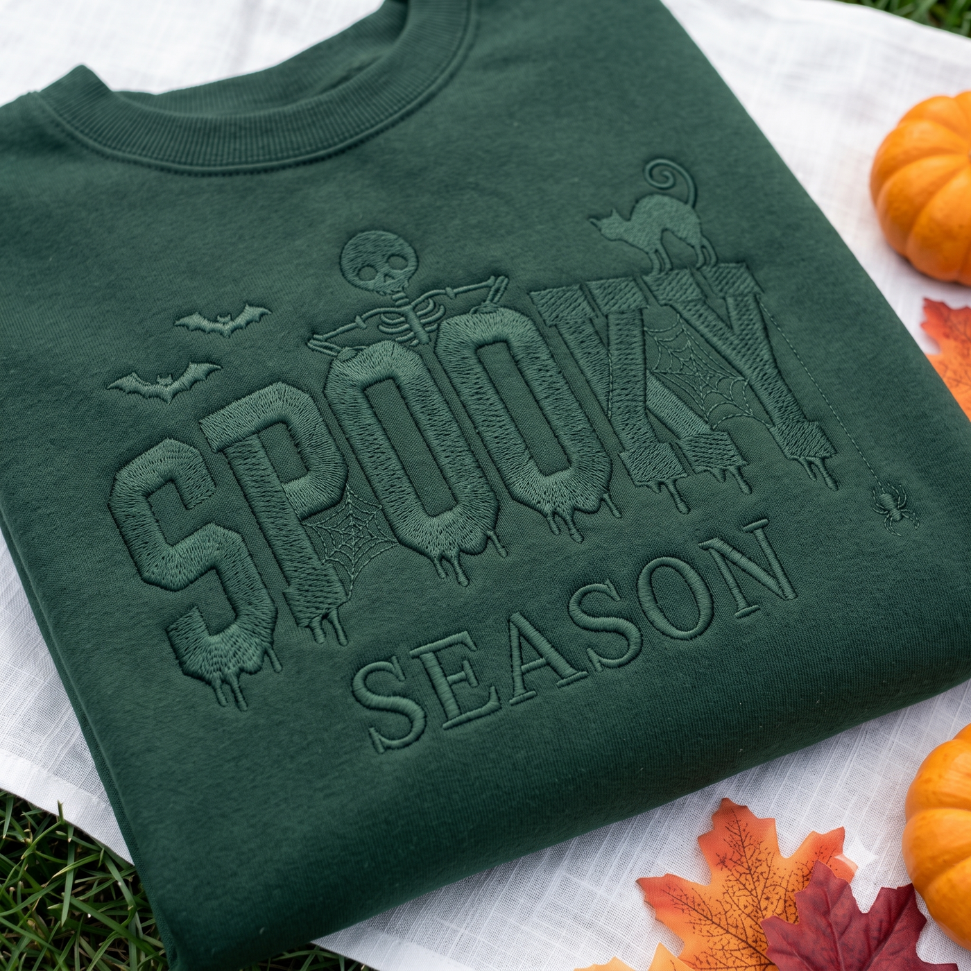 Tone on Tone Spooky Season Embroidered Sweatshirt, Black Halloween Crewneck, Skeleton Cat Bat Spider Web Gothic Fall Shirt