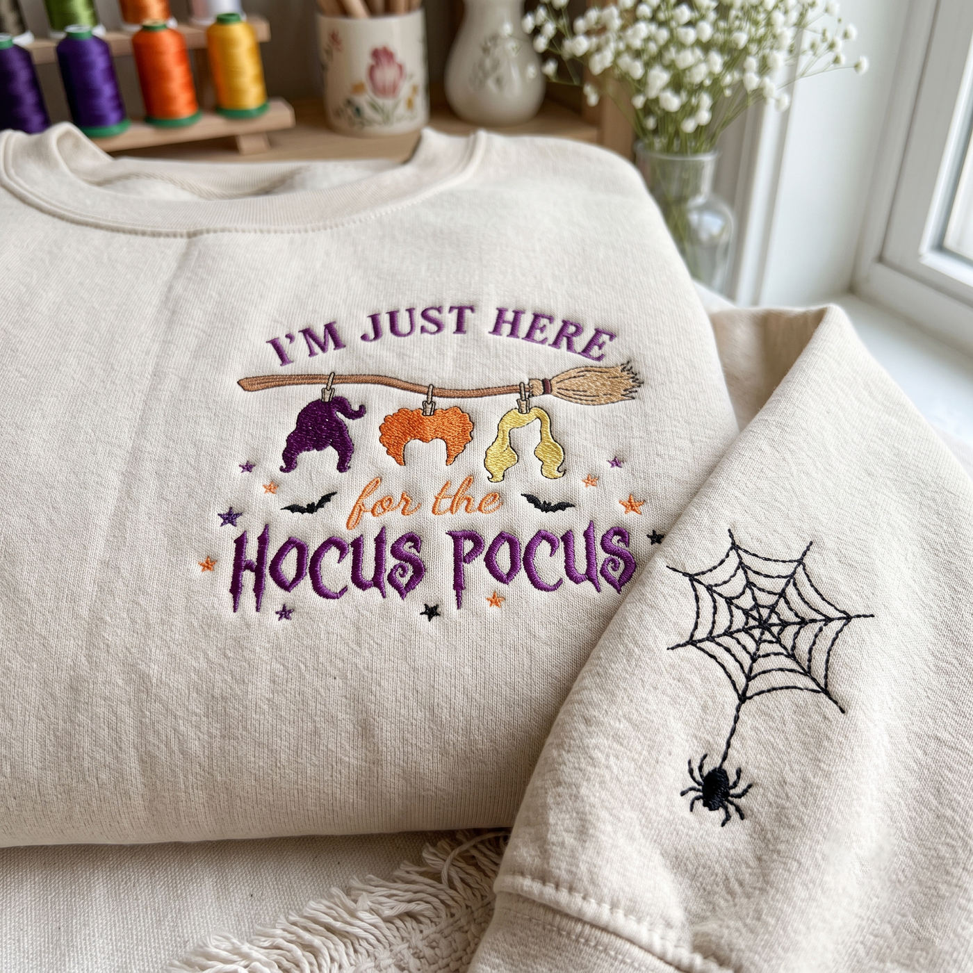 Witchy Halloween Embroidered Sweatshirt, I'm Just Here for the Magic Crewneck, Spooky Season Shirt, Halloween Witch Tee, Cozy Fall Gift