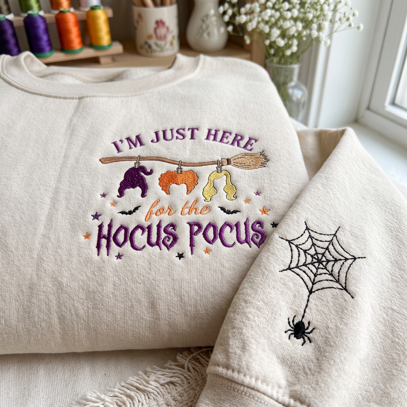 Witchy Halloween Embroidered Sweatshirt, I'm Just Here for the Magic Crewneck, Spooky Season Shirt, Halloween Witch Tee, Cozy Fall Gift