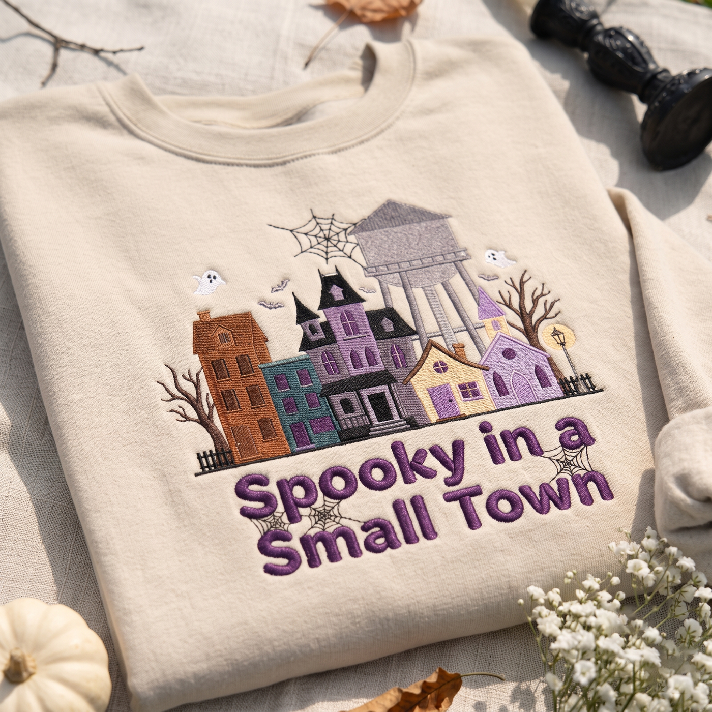Embroidered Spooky Small Town Sweatshirt, Haunted Village Halloween Crewneck, Ghost House Fall Sweater, Cozy Autumn Gift for Women
