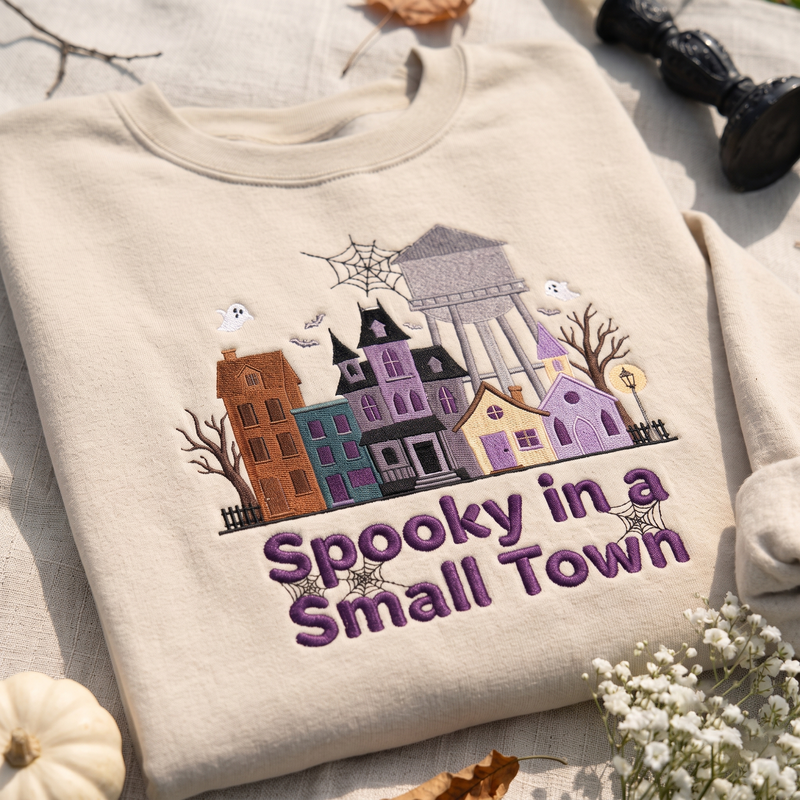 Embroidered Spooky Small Town Sweatshirt, Haunted Village Halloween Crewneck, Ghost House Fall Sweater, Cozy Autumn Gift for Women