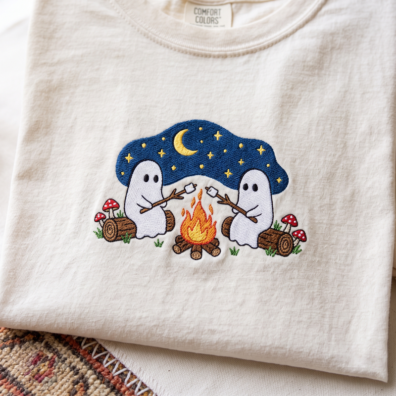 Cute Ghosts Campfire Embroidered Tee, Halloween Shirt, Halloween Ghost Tee, Spooky Season Outdoors Gifts, Autumn Camping Gift