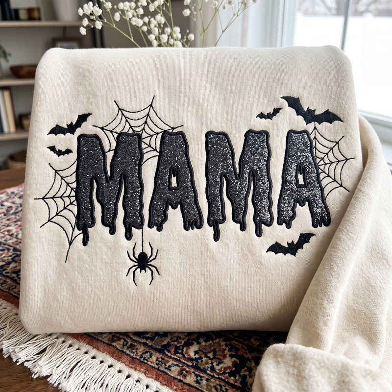 Mama Halloween Glitter Applique Sweatshirt, Halloween Mom Sweatshirt, Spooky Mama Embroidered Crewneck, Spider Web Bat Tee, Fall Mama Gift