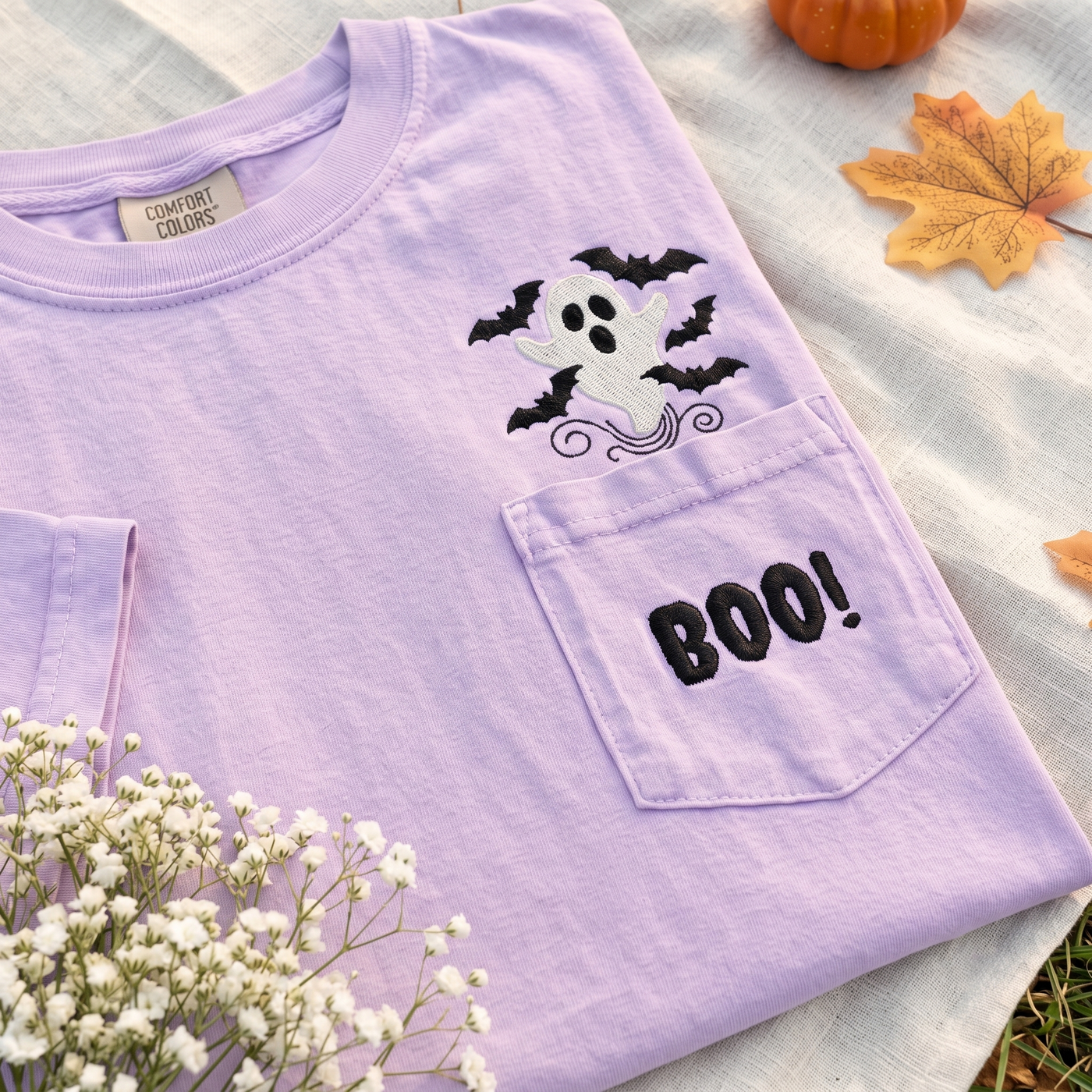 Boo Ghost and Bats Embroidered Comfort Colors Pocket Tee, Cute Halloween Shirt, Spooky Fall T Shirt, Ghost Lover Gift