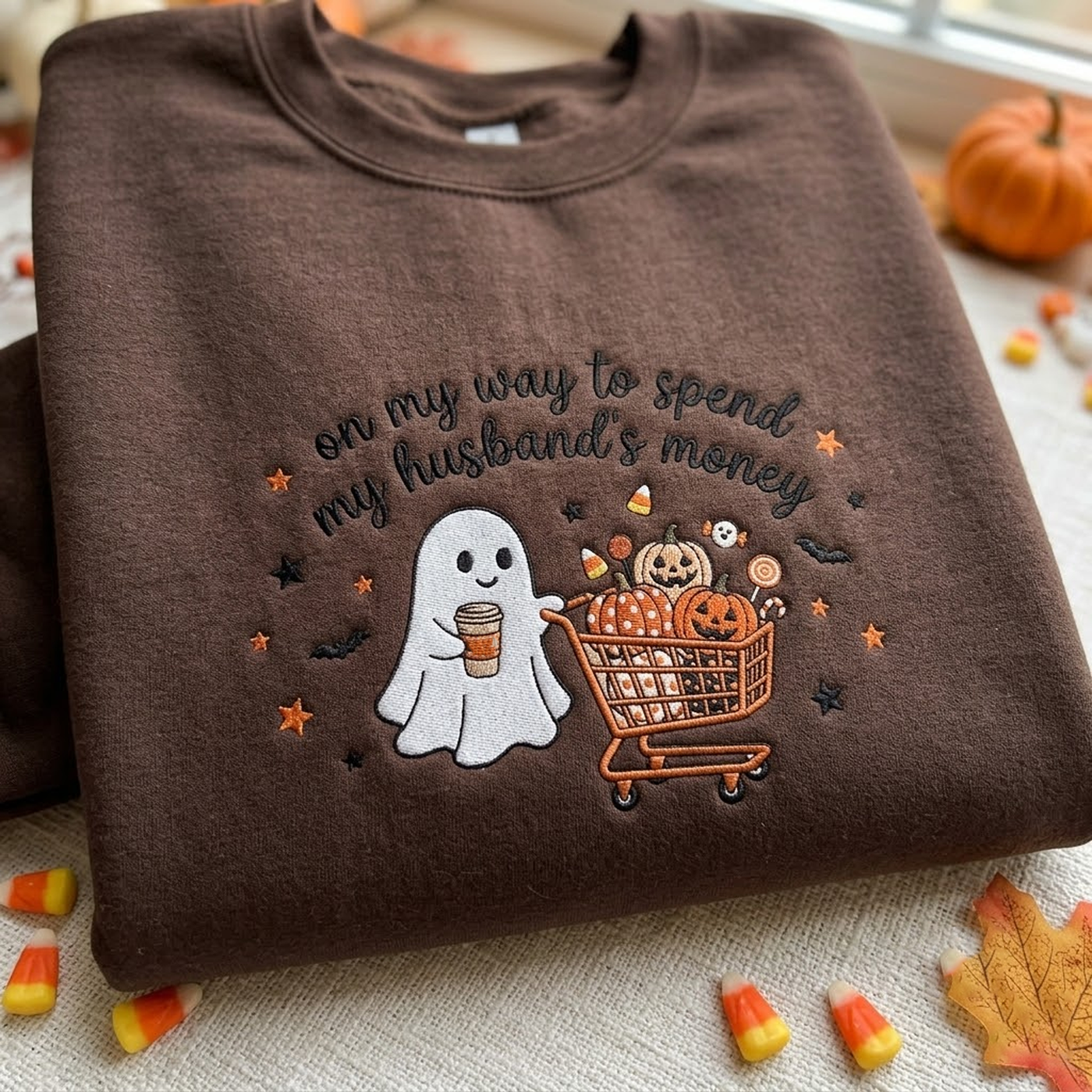 Embroidered On My Way To Spend My Husband's Money Sweatshirt, Spooky Season Crewneck, Funny Halloween Ghost Shopping Shirt, Halloween Gift