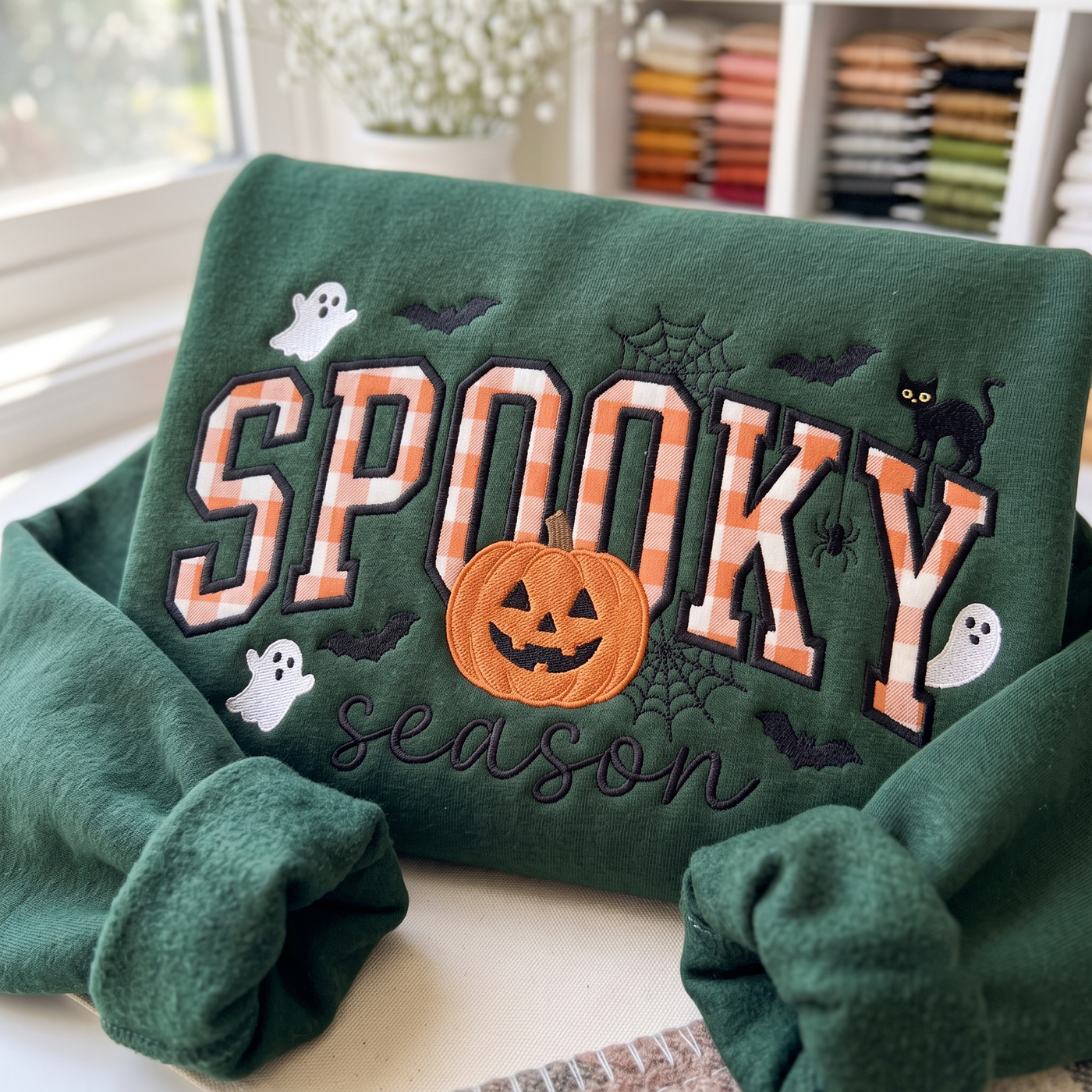 Spooky Season Embroidered Sweatshirt, Pumpkin Ghost Halloween Tee, Gingham Applique Crewneck, Fall Shirt, Cozy Season Gift, Halloween Gift