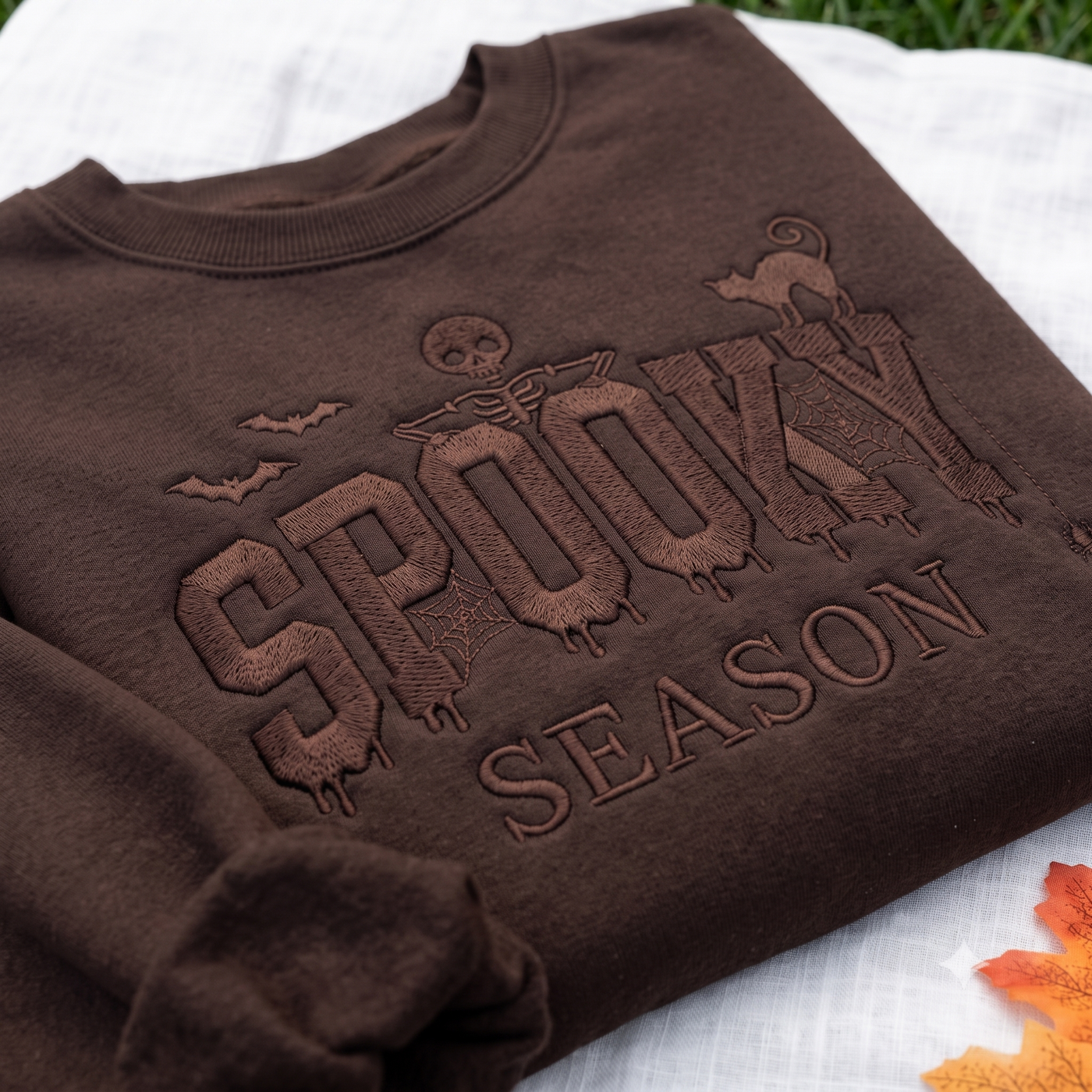 Tone on Tone Spooky Season Embroidered Sweatshirt, Black Halloween Crewneck, Skeleton Cat Bat Spider Web Gothic Fall Shirt