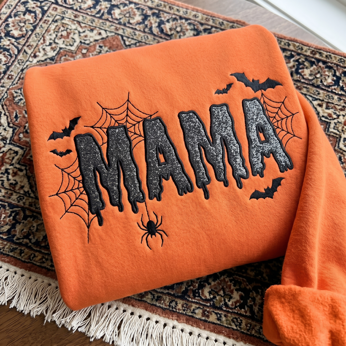 Mama Halloween Glitter Applique Sweatshirt, Halloween Mom Sweatshirt, Spooky Mama Embroidered Crewneck, Spider Web Bat Tee, Fall Mama Gift