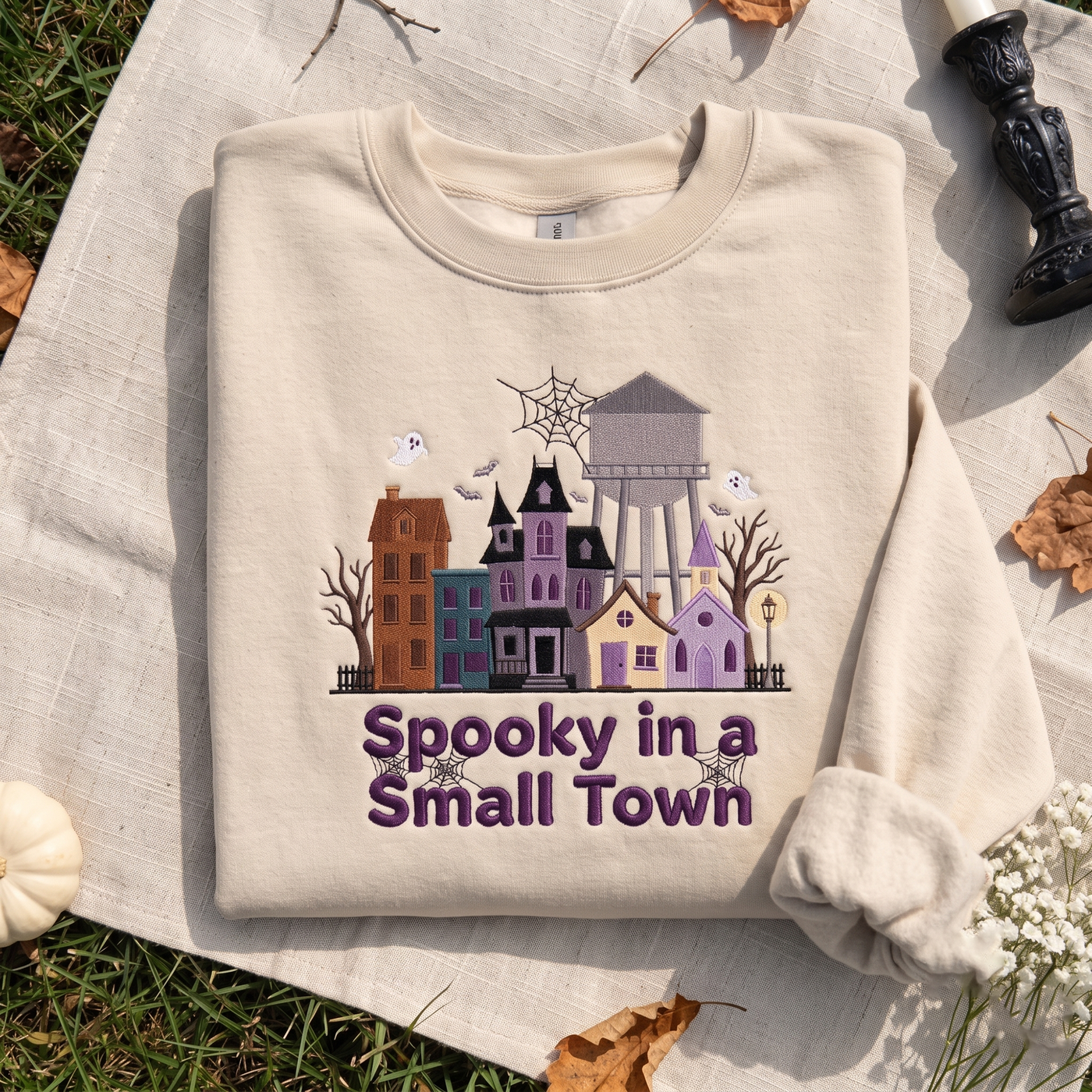 Embroidered Spooky Small Town Sweatshirt, Haunted Village Halloween Crewneck, Ghost House Fall Sweater, Cozy Autumn Gift for Women